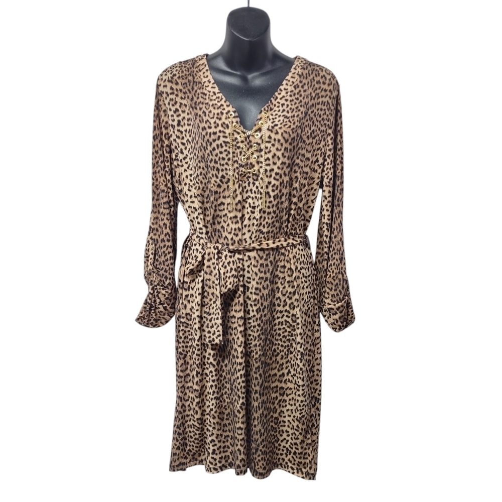 MICHAEL KORS Leopard Print Chain Lace-Up Neck Roll-up Tab Sleeve Dress Sz L NWT - Picture 4 of 12
